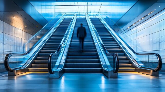 Modern architecture with escalators and a blurred figure, conveying movement and urban life.