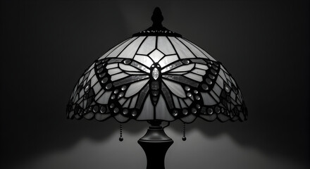 Monochrome Stained Glass Lamp Featuring a Butterfly Design In Dim Lighting