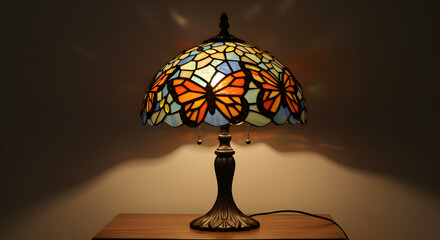 Artistic Stained Glass Table Lamp with Butterfly Motif Illuminating The Room