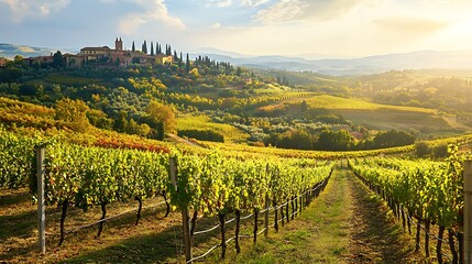 Fototapeta premium Picturesque vineyard landscape under golden sunlight.