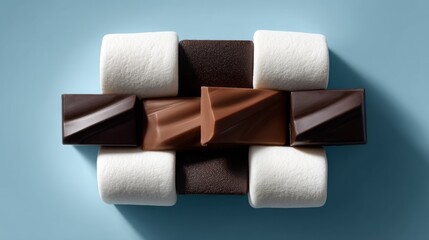 Obraz premium Delicious marshmallows and chocolate squares stacked against a bright blue background.