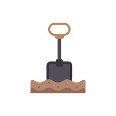 Black shovel with a brown handle in the ground. Suitable for gardening, landscaping, construction, digging, yard work, and outdoor projects.