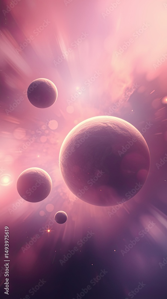 Poster a mesmerizing cosmic landscape showcases three distinct planets surrounded by vibrant hues and swirl