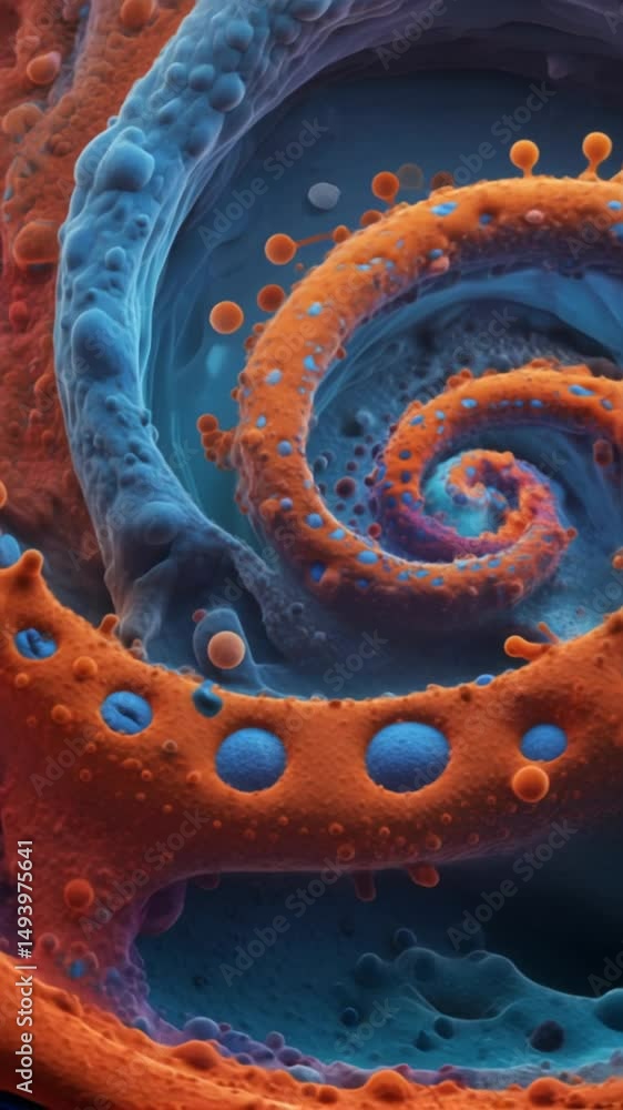 Poster close-up abstract image showcasing a spiral structure with vivid orange and blue textures, resemblin
