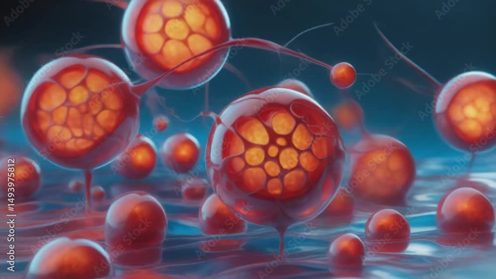 Aufkleber abstract illustration of glowing red stem cells interconnected by thin structures, floating in a flu
