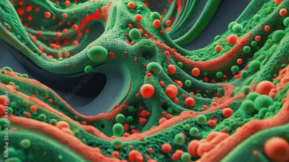 Poster close-up abstract representation of green and red cellular structures with spherical particles, rese