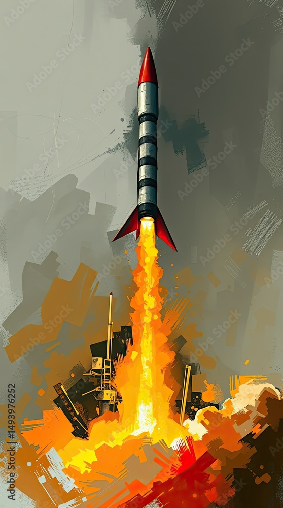Poster a colorful rocket ascends into the atmosphere amidst a dynamic burst of flames and smoke showcasing 