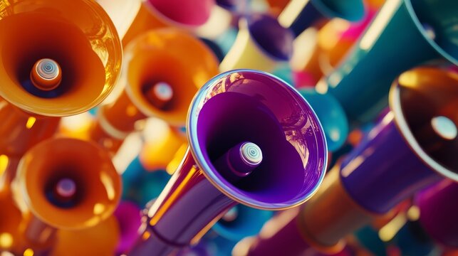 Colorful megaphones serve as symbols for the dissemination of announcements, thoughts, and information in the realm of marketing and sales