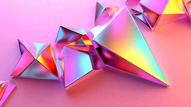 Abstract Holographic Prisms Pink Background Geometric Shapes
