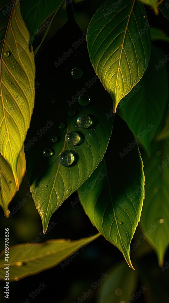 Poster lush green leaves adorned with water droplets catch the light in a peaceful setting creating a calmi