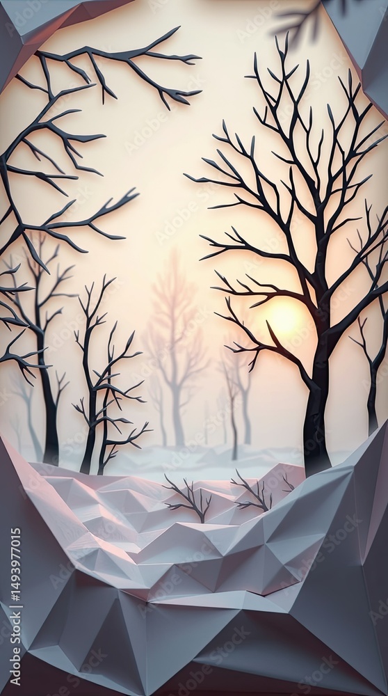Poster snowy winter scene featuring bare trees and a gentle sunset visible through a geometric frame create