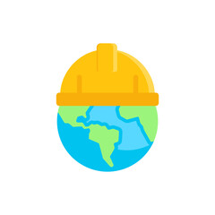 Fototapeta premium Yellow hard hat on globe for construction, global corporation, or safety concepts. Joining forces for worldwide projects and infrastructure development.