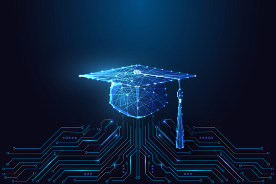 Smart education and online learning with digital graduation cap, vector illustration