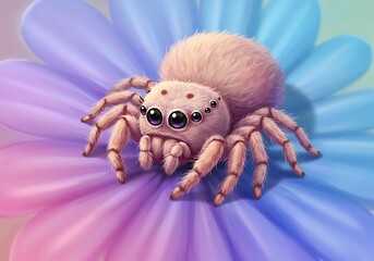 Adorable Fuzzy Spider on Pastel Flower: A Whimsical Painting