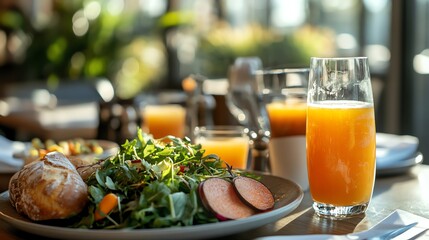 A vibrant salad with fresh greens, strawberries, cheese, bread, and potatoes, alongside drinks, creating a wholesome meal.