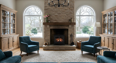 Obraz premium Cozy Living Room Interior Design Featuring a Stone Fireplace And Natural Light