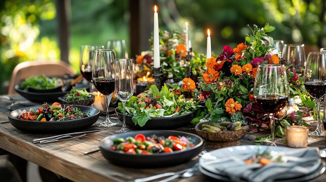 An elegant outdoor dinner setting with salads, wine glasses, and floral arrangements on a wooden table. Candles add a warm glow.