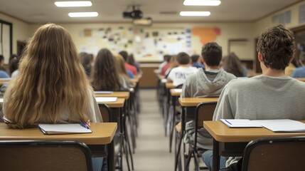 A classroom bathed in golden sunlight, students focused on their papers. Serene academic scene.