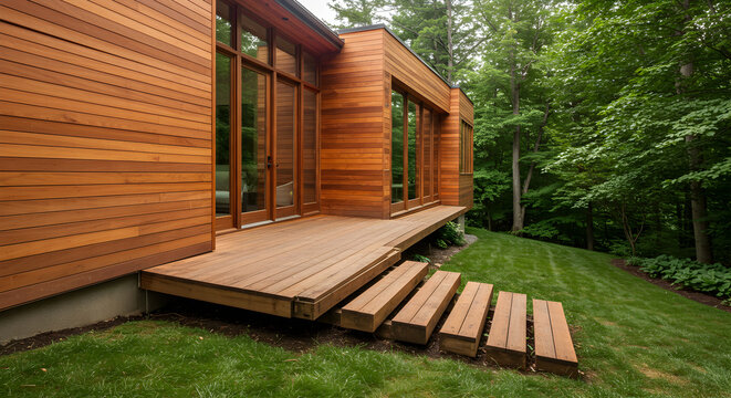 Serene Wooden House With Modern Architecture and Lush Greenery Outdoors