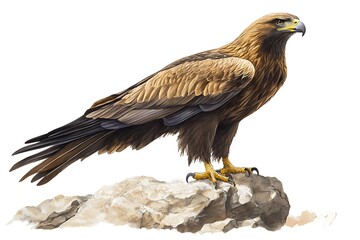 Obraz premium A golden eagle perched on a rock with its brown feathers and sharp beak in a white background image