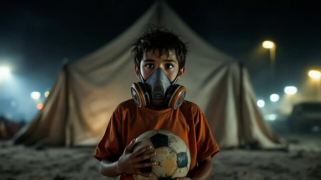 A child wearing a respirator is holding a soccer ball near a tent at night