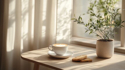 A serene morning scene with coffee, cookies, and a plant on a sunlit table, creating a cozy and inviting atmosphere.