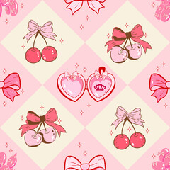 cherry with bow pattern seamless, vintage flowers, Vintage Retro Pink Seamless Pattern, Pink Vintage Coquette valentine seamless file, Retro Pink cherry seamless file, Retro coquette Digital wallpaper