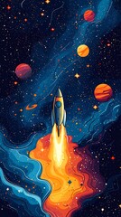 Rocket launching into vibrant nebula, planets, and stars