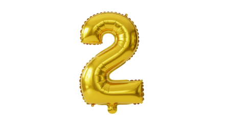A shimmering golden number two balloon floats gracefully marking a special second birthday on transparent background