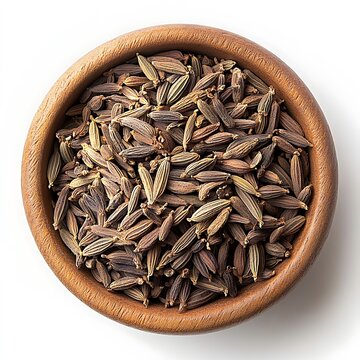 Top down shot of a wooden bowl filled with black cumin seeds high resolution photo