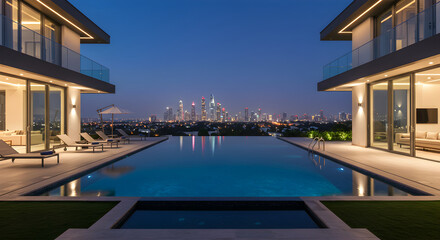 Obraz premium Luxury Villa With Infinity Pool Overlooking City Skyline at Night
