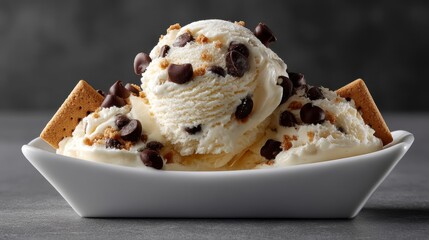 A close-up shot of gourmet vanilla ice cream with chocolate chips and graham crackers.