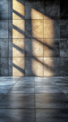 Sunlit interior with tiled floor and wall.  Warm light casts shadows