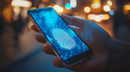 A hand holds a phone with a glowing fingerprint on the screen, symbolizing security and technology in an urban setting.