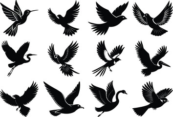 birds flying silhouette , Set of black bird silhouettes.silhouettes of birds isolated on transparent background png,