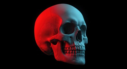 Vividly Lit Human Skull with Red and Blue Hues on a Dark Background