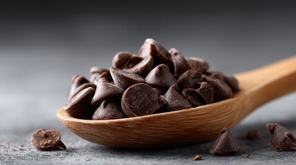 Fototapeta premium Rich dark chocolate chips overflowing from a wooden spoon, ready for baking delicious treats.