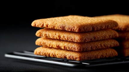 A neat stack of delicious, golden brown biscuits rests on a cooling rack, ready to be enjoyed.