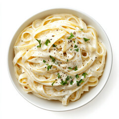 A bowl of creamy fettuccine Alfredo, with thick pasta coated in a velvety Parmesan cheese sauce, garnished with freshly cracked black pepper and chopped parsley. A rich Italian classic. Isolated on