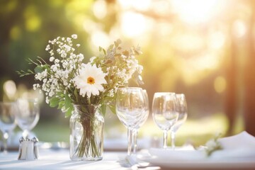 A wedding table set with clear glasses, white flowers in vases, and greenery along the center of an elegant dining setup outdoors under soft sunlight Generative AI