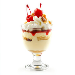 A close-up of a creamy zuppa inglese dessert, a layered Italian dessert made with sponge cake, custard, and Alchermes liqueur, served in a glass and garnished with whipped cream and candied cherries,