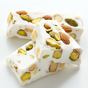 A close-up of a nougat de Mont&Atilde;&copy;limar, a traditional French nougat candy, made with honey, egg whites, sugar, roasted almonds, and pistachios, resulting in a chewy and sweet confectionery, often