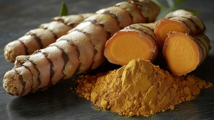 Fototapeta premium Fresh turmeric roots and powder