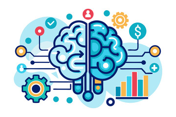 Obraz premium An illustration of a human brain with one half detailed with circuit patterns and the other half with an arrow, gear, dollar sign, and graph, representing different aspects of the brain and thought 
