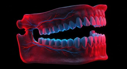Detailed 3D rendering of human jawbones highlighting nerve and vascular pathways in neonate and adult teeth