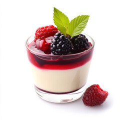 A creamy panna cotta dessert, topped with fresh berries and a drizzle of raspberry coulis, served in a glass cup. A light and elegant Italian sweet. Isolated on clean white background