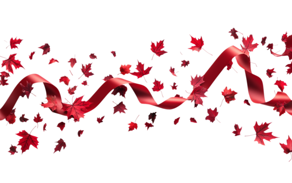 Close up of vibrant red streamers with scattered maple leaf confetti enhancing celebration decor isolated on white background PNG