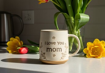 Creamy 'I Love You Mom' Mug with Floral Design in Sunlit Kitchen