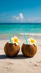 1.&nbsp;Pair of Tropical Coconut Drinks on White Sand Beach: Two Young Coconuts with Plumeria Flower Garnishes and Teal Straws, Idyllic Beach Scene with Calm Ocean in Background
