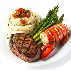 A gourmet surf and turf platter featuring a perfectly seared filet mignon and a buttery lobster tail, served with roasted garlic mashed potatoes and steamed asparagus. A luxurious meal. Isolated on